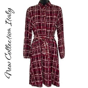 New Collection Italy Ruby/Pink/Black Plaid Belted Button Down Shirt Dress